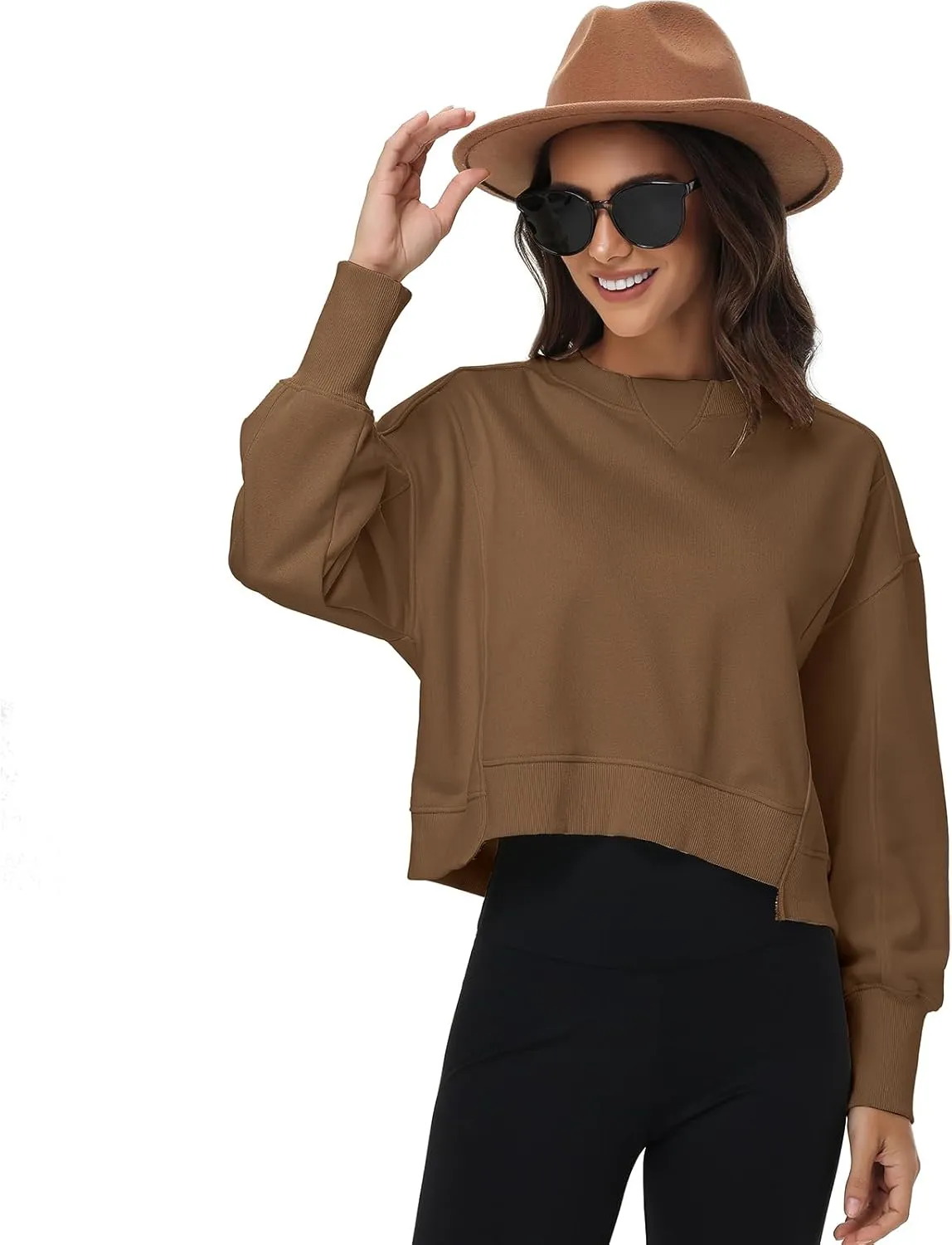 Women's Cropped Crewneck Sweatshirts Long Sleeve Oversized Sweatshirt Pullover Fall Crop Top Outfits