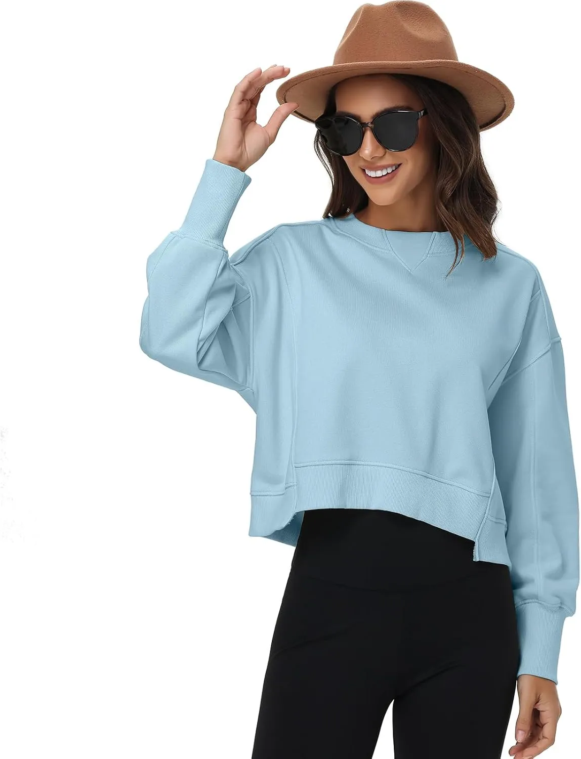Women's Cropped Crewneck Sweatshirts Long Sleeve Oversized Sweatshirt Pullover Fall Crop Top Outfits