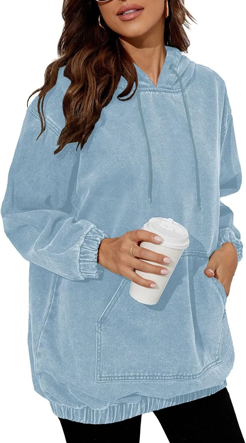 Women's Denim Hoodie Long Sleeve Pullover Sweatshirt Jean Jacket with Pocket