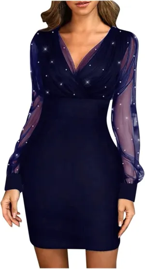 Womens Dresses Sexy Sheer Mesh Long Sleeve Mini Dress Ruched Bodycon Cocktail Party Dress Elegant V Neck Dresses