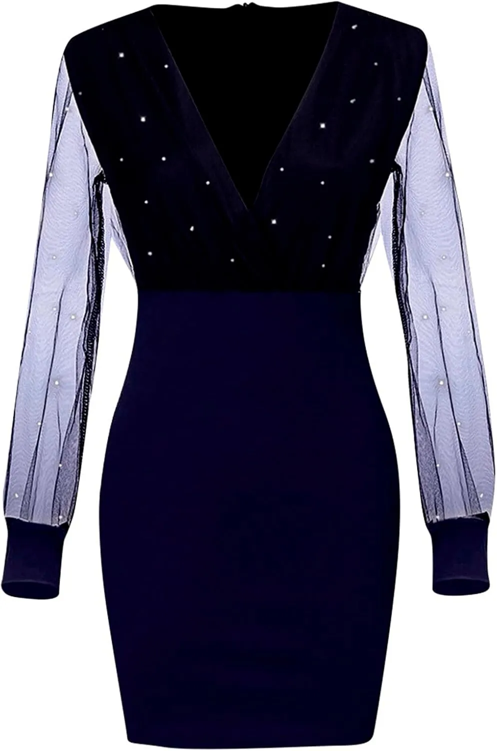Womens Dresses Sexy Sheer Mesh Long Sleeve Mini Dress Ruched Bodycon Cocktail Party Dress Elegant V Neck Dresses