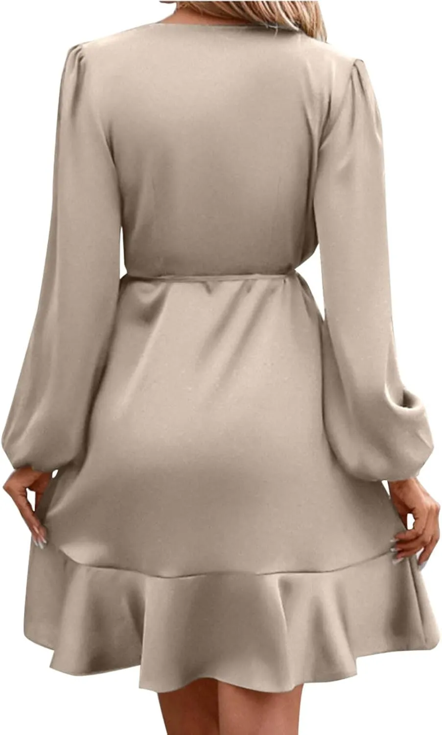 Women's Dressy Satin A-Line Dress Wrap V Neck Ruffle Mini Dresses Lantern Long Sleeves Belted Elegant Flared Dress