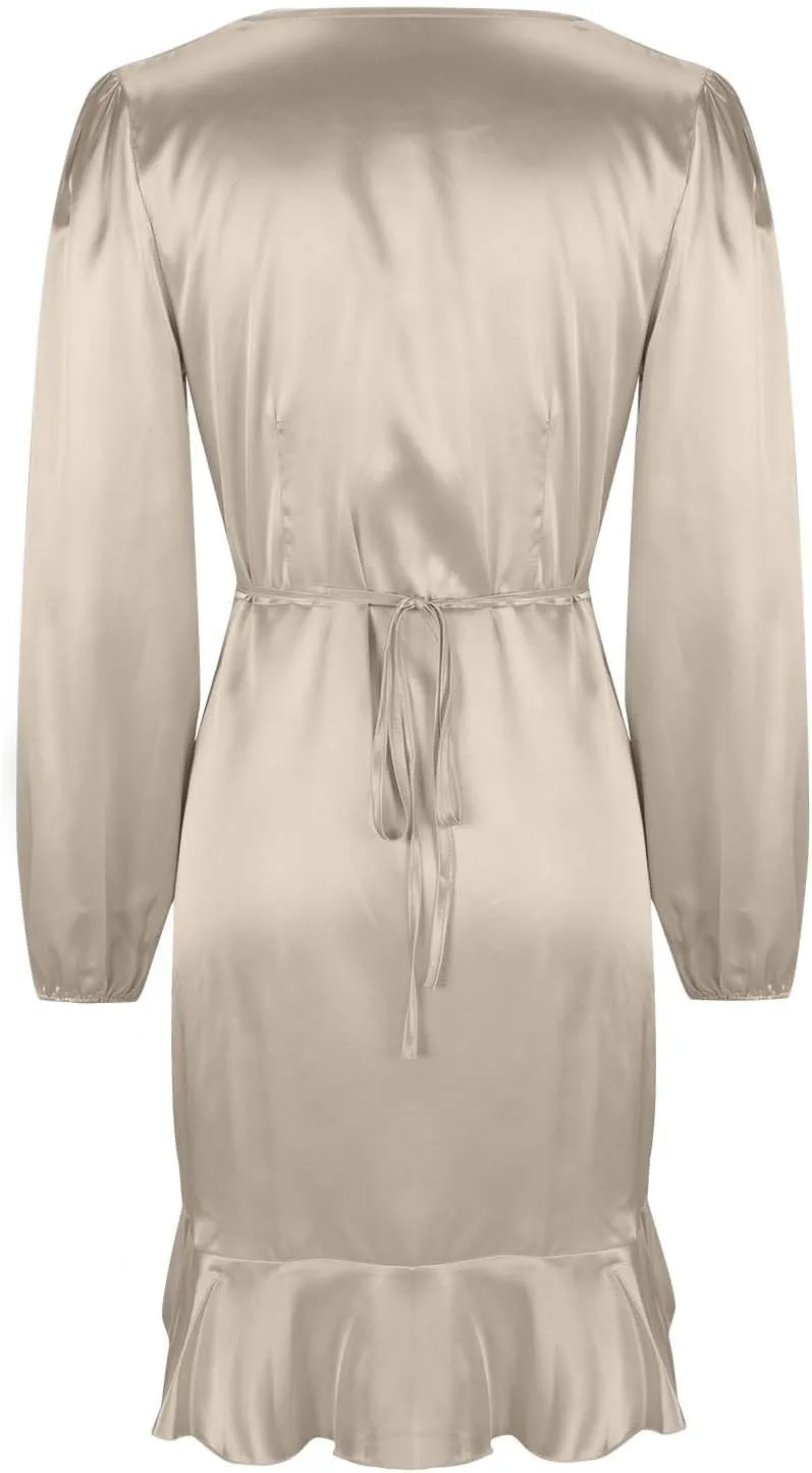 Women's Dressy Satin A-Line Dress Wrap V Neck Ruffle Mini Dresses Lantern Long Sleeves Belted Elegant Flared Dress