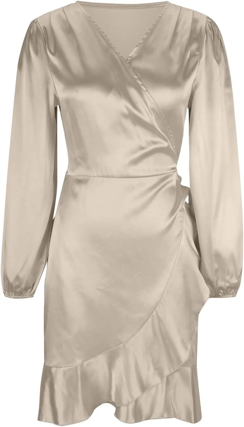 Women's Dressy Satin A-Line Dress Wrap V Neck Ruffle Mini Dresses Lantern Long Sleeves Belted Elegant Flared Dress