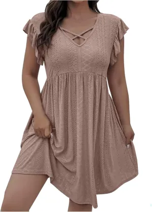 Women's Fashion Eyelet Embroidery Summer Midi Dress, Loose Plus Size Ruffle Short Sleeve Flowy Dresses Casual Comfy