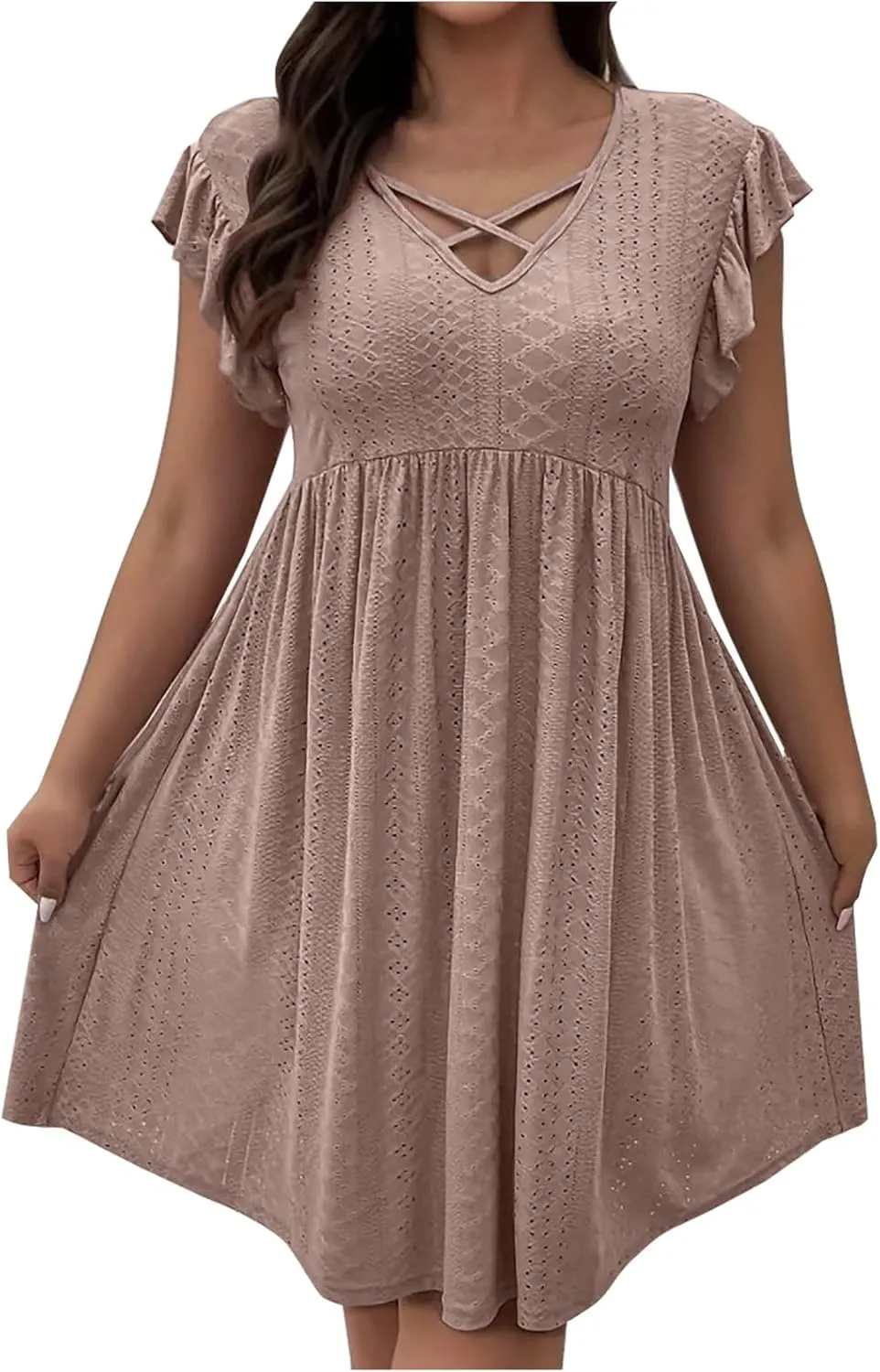 Women's Fashion Eyelet Embroidery Summer Midi Dress, Loose Plus Size Ruffle Short Sleeve Flowy Dresses Casual Comfy