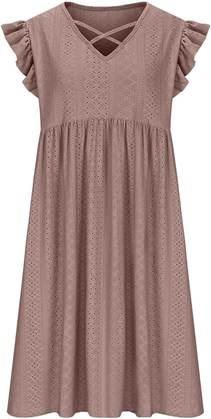 Women's Fashion Eyelet Embroidery Summer Midi Dress, Loose Plus Size Ruffle Short Sleeve Flowy Dresses Casual Comfy