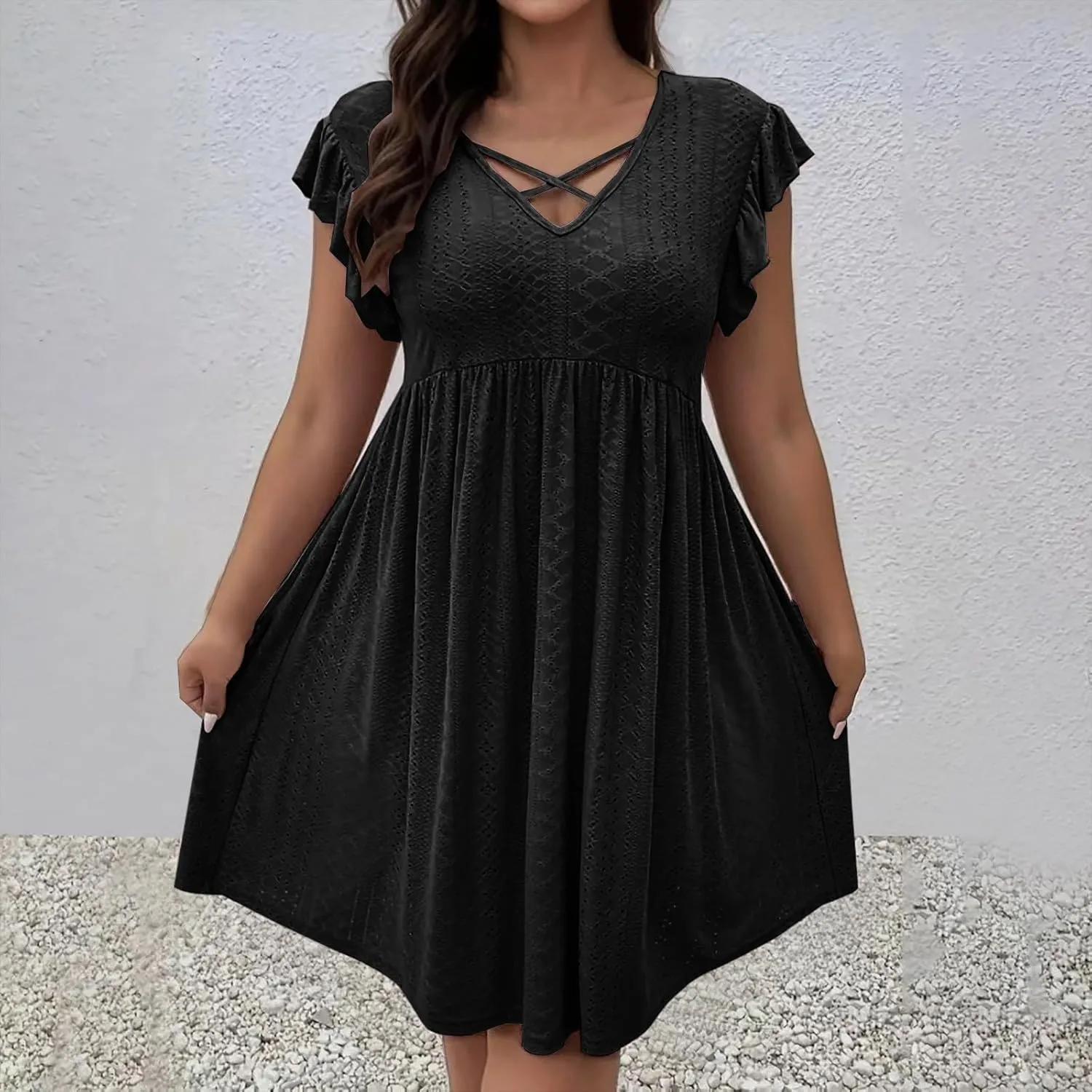 Women's Fashion Eyelet Embroidery Summer Midi Dress, Loose Plus Size Ruffle Short Sleeve Flowy Dresses Casual Comfy