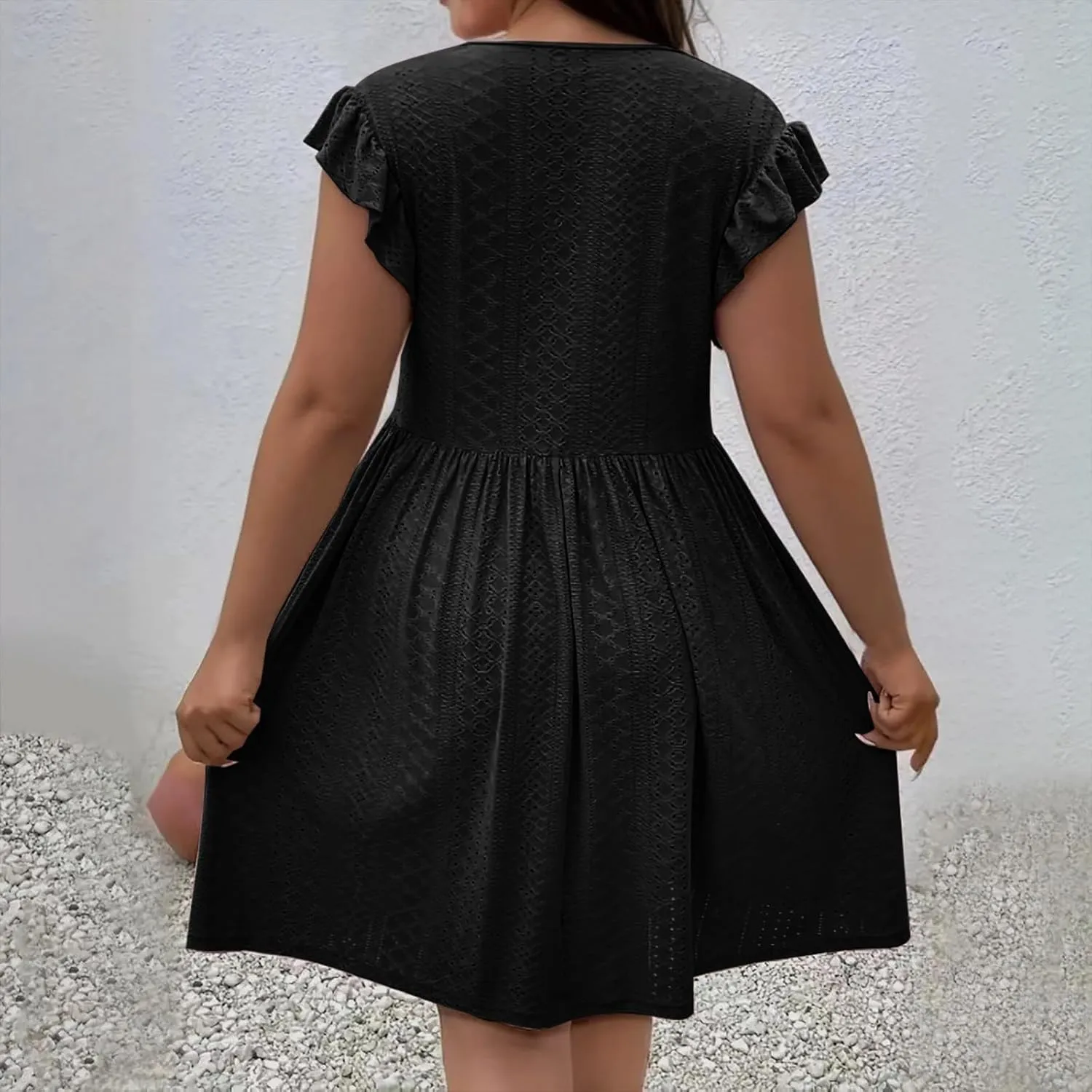 Women's Fashion Eyelet Embroidery Summer Midi Dress, Loose Plus Size Ruffle Short Sleeve Flowy Dresses Casual Comfy