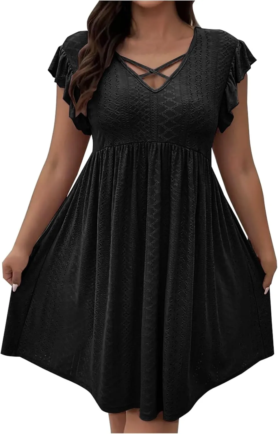 Women's Fashion Eyelet Embroidery Summer Midi Dress, Loose Plus Size Ruffle Short Sleeve Flowy Dresses Casual Comfy