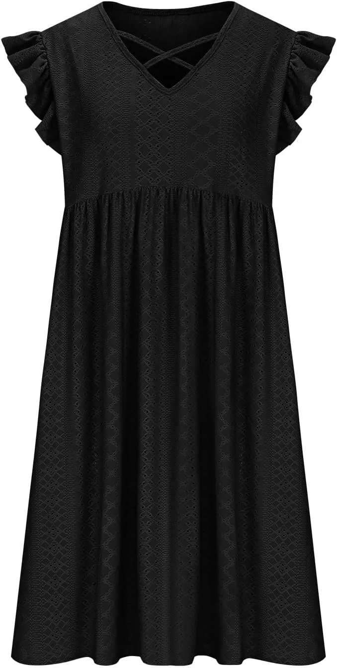Women's Fashion Eyelet Embroidery Summer Midi Dress, Loose Plus Size Ruffle Short Sleeve Flowy Dresses Casual Comfy