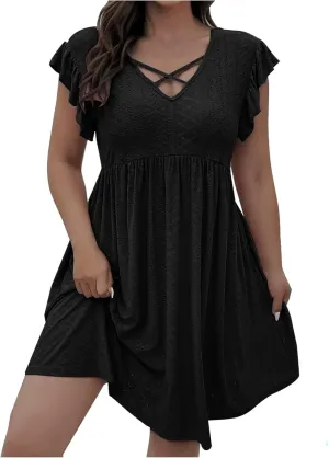 Women's Fashion Eyelet Embroidery Summer Midi Dress, Loose Plus Size Ruffle Short Sleeve Flowy Dresses Casual Comfy