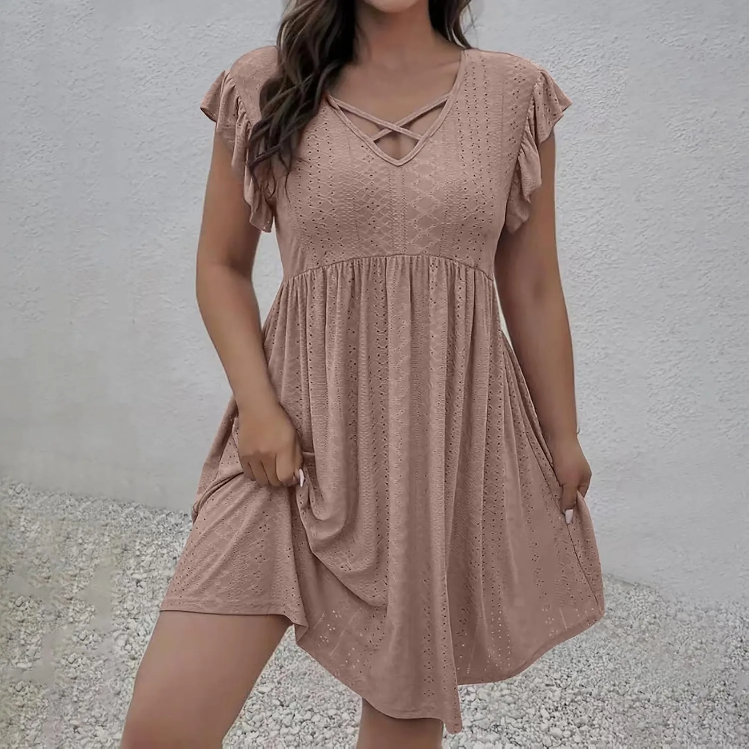 Women's Fashion Eyelet Embroidery Summer Midi Dress, Loose Plus Size Ruffle Short Sleeve Flowy Dresses Casual Comfy