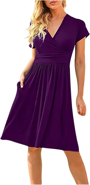 Women's Fashion Short Sleeve Printed Pocket Midi Length Casual Skirt Mix Dresses for Women