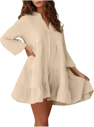 Women's Flare Long Sleeve Button Down Ruffle Hem Swing Babydoll Dress Casual Pleated Solid Color Flowy Mini Dresses