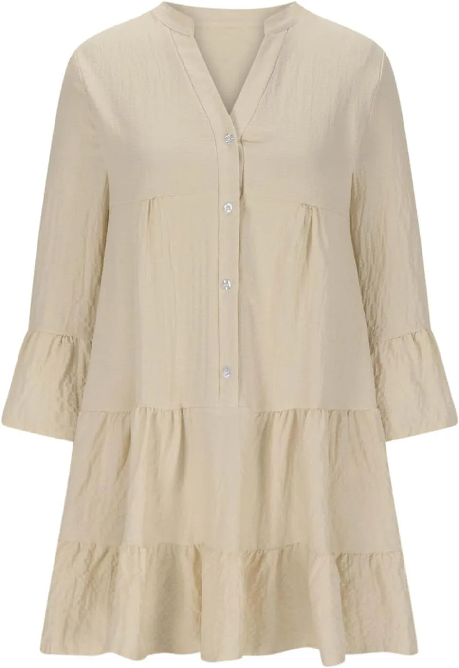 Women's Flare Long Sleeve Button Down Ruffle Hem Swing Babydoll Dress Casual Pleated Solid Color Flowy Mini Dresses