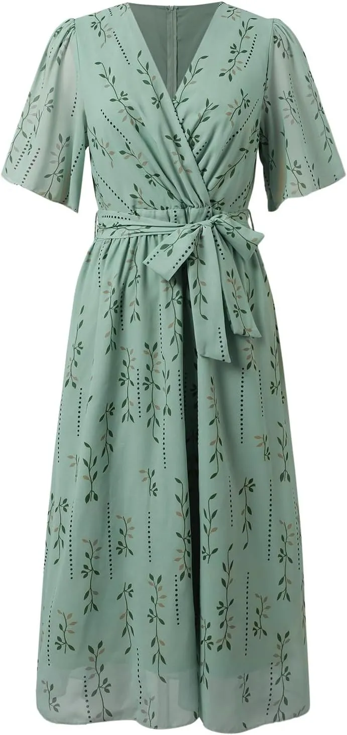 Womens Floral Chiffon Dresses Printed V Neck Belted Elegant Boho Summer Dress Wedding Prom Cocktail Midi Dresses