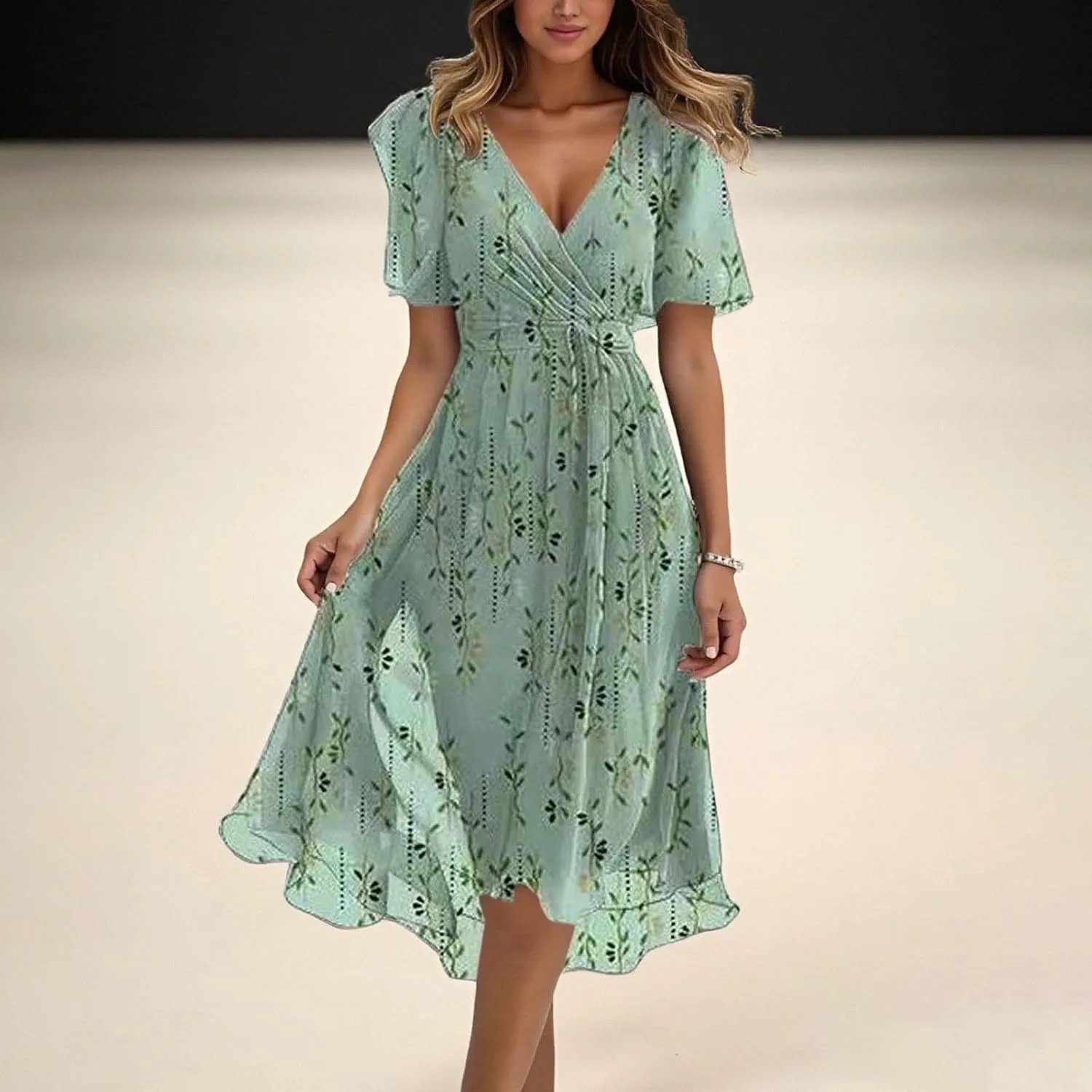 Womens Floral Chiffon Dresses Printed V Neck Belted Elegant Boho Summer Dress Wedding Prom Cocktail Midi Dresses