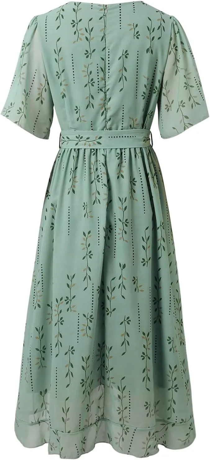Womens Floral Chiffon Dresses Printed V Neck Belted Elegant Boho Summer Dress Wedding Prom Cocktail Midi Dresses