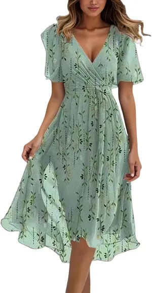 Womens Floral Chiffon Dresses Printed V Neck Belted Elegant Boho Summer Dress Wedding Prom Cocktail Midi Dresses