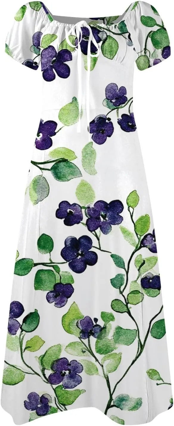 Women's Floral Print Puff Sleeve Square Neck Dress Casual Trendy Summer Boho Short Sleeve Split Midi Dresses