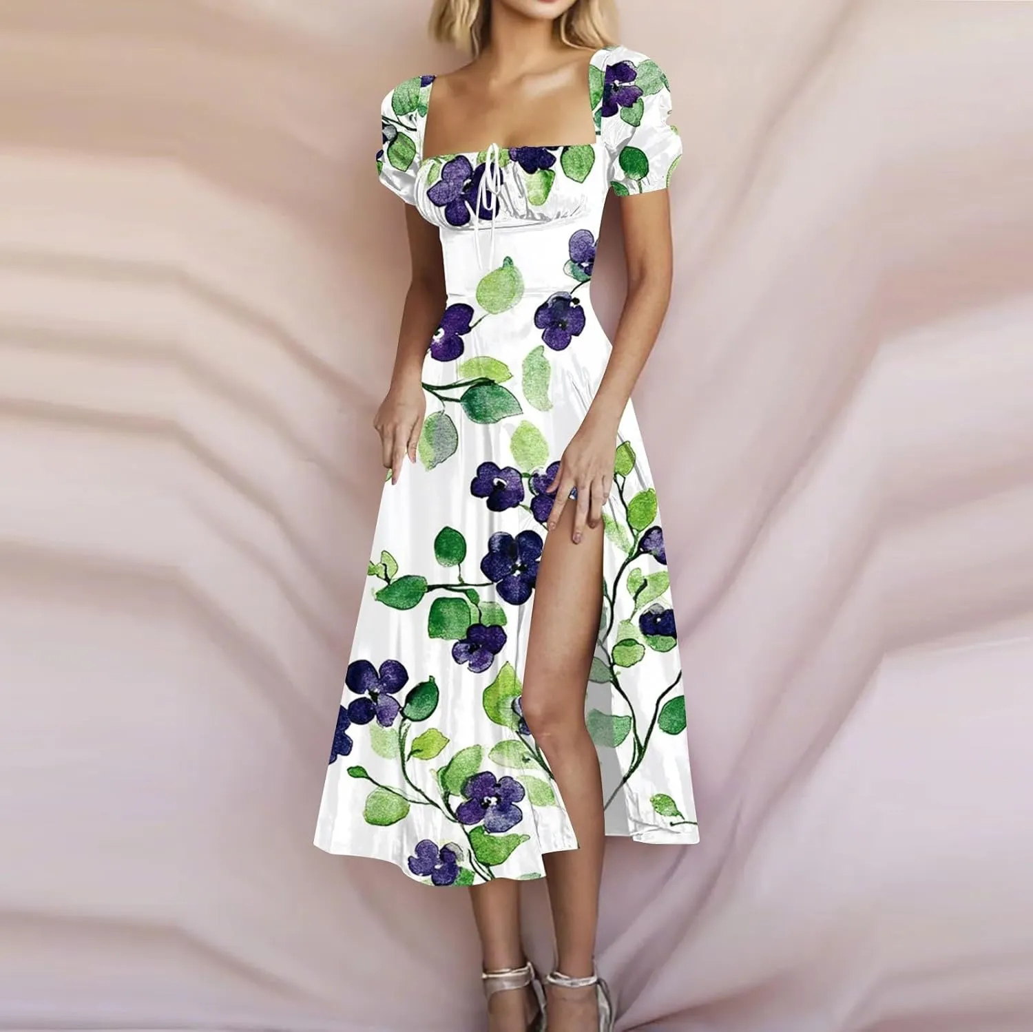 Women's Floral Print Puff Sleeve Square Neck Dress Casual Trendy Summer Boho Short Sleeve Split Midi Dresses