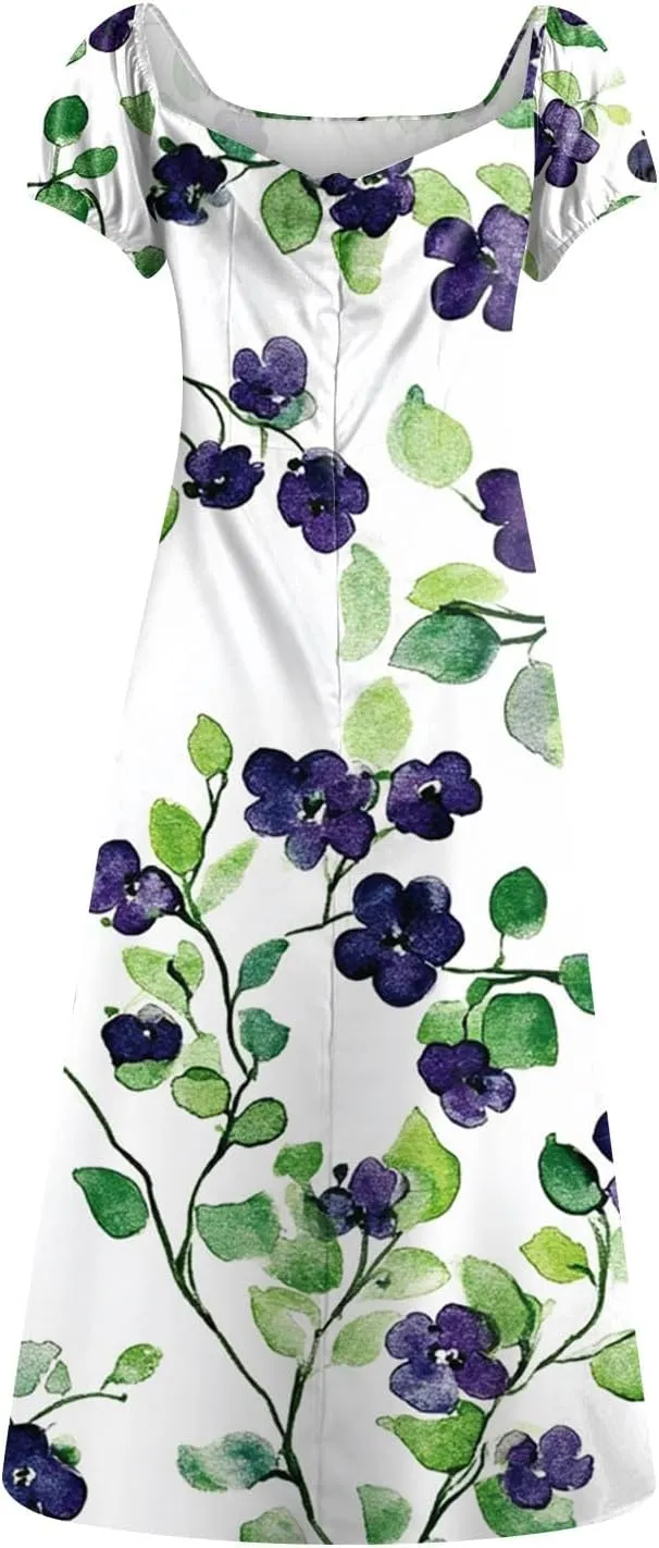 Women's Floral Print Puff Sleeve Square Neck Dress Casual Trendy Summer Boho Short Sleeve Split Midi Dresses