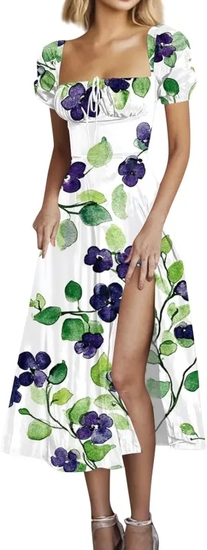 Women's Floral Print Puff Sleeve Square Neck Dress Casual Trendy Summer Boho Short Sleeve Split Midi Dresses