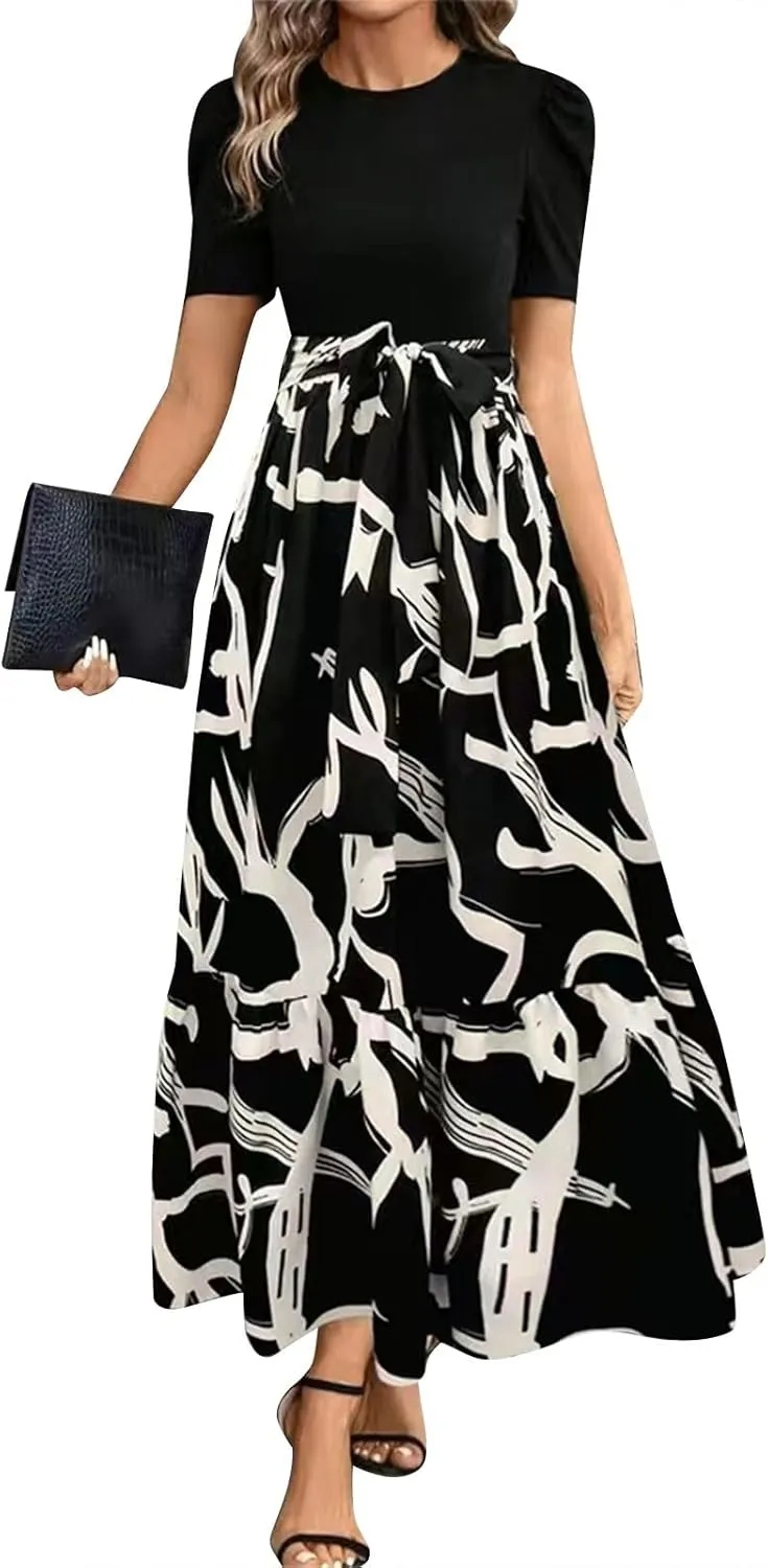 Womens Floral Printed Long Flowy Dresses with Pockets Ruffle Short Sleeve 2025 Dresses Summer Casual Maxi Dress