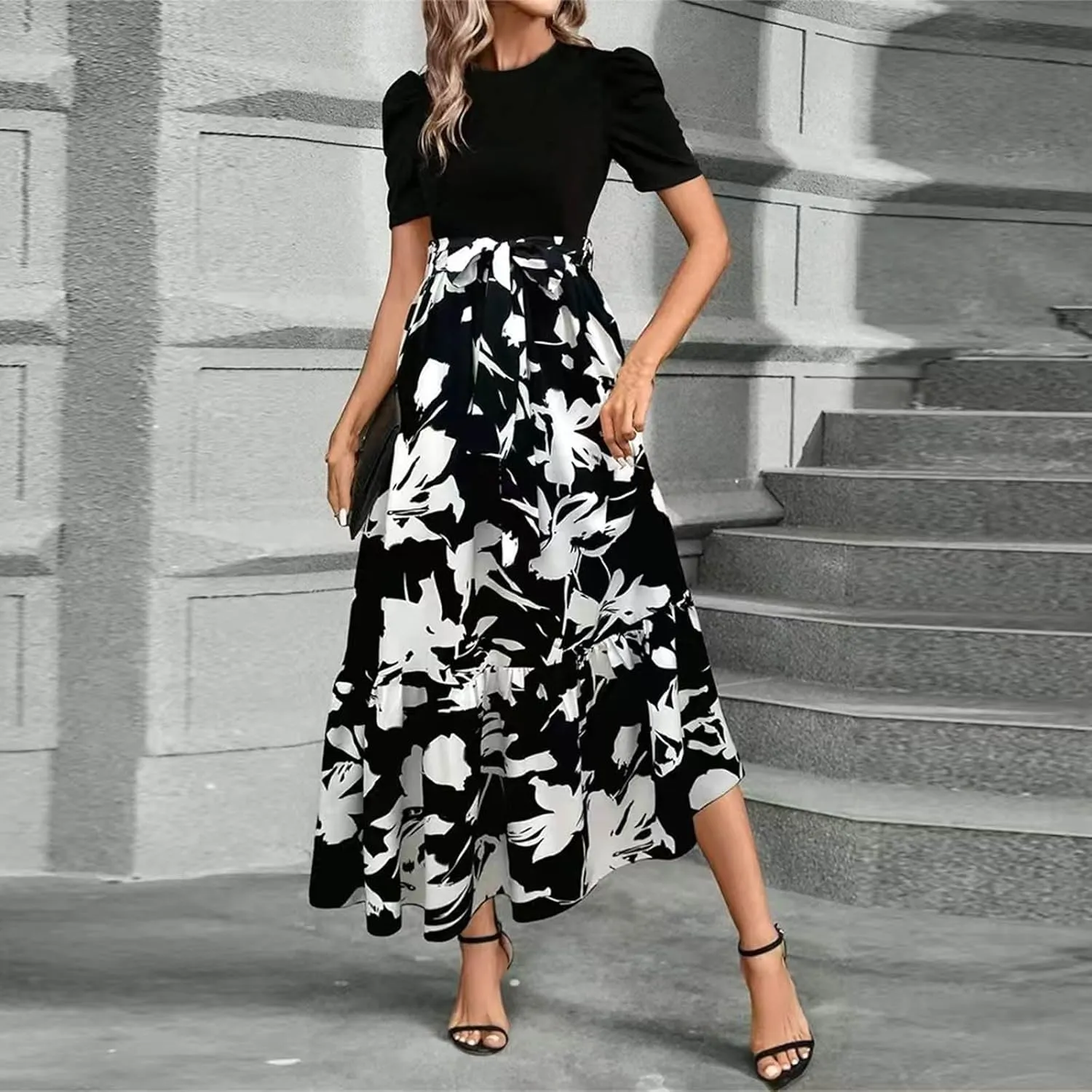 Womens Floral Printed Long Flowy Dresses with Pockets Ruffle Short Sleeve 2025 Dresses Summer Casual Maxi Dress