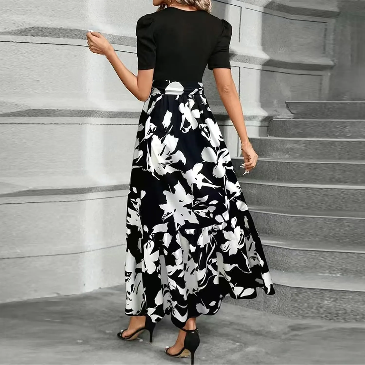 Womens Floral Printed Long Flowy Dresses with Pockets Ruffle Short Sleeve 2025 Dresses Summer Casual Maxi Dress