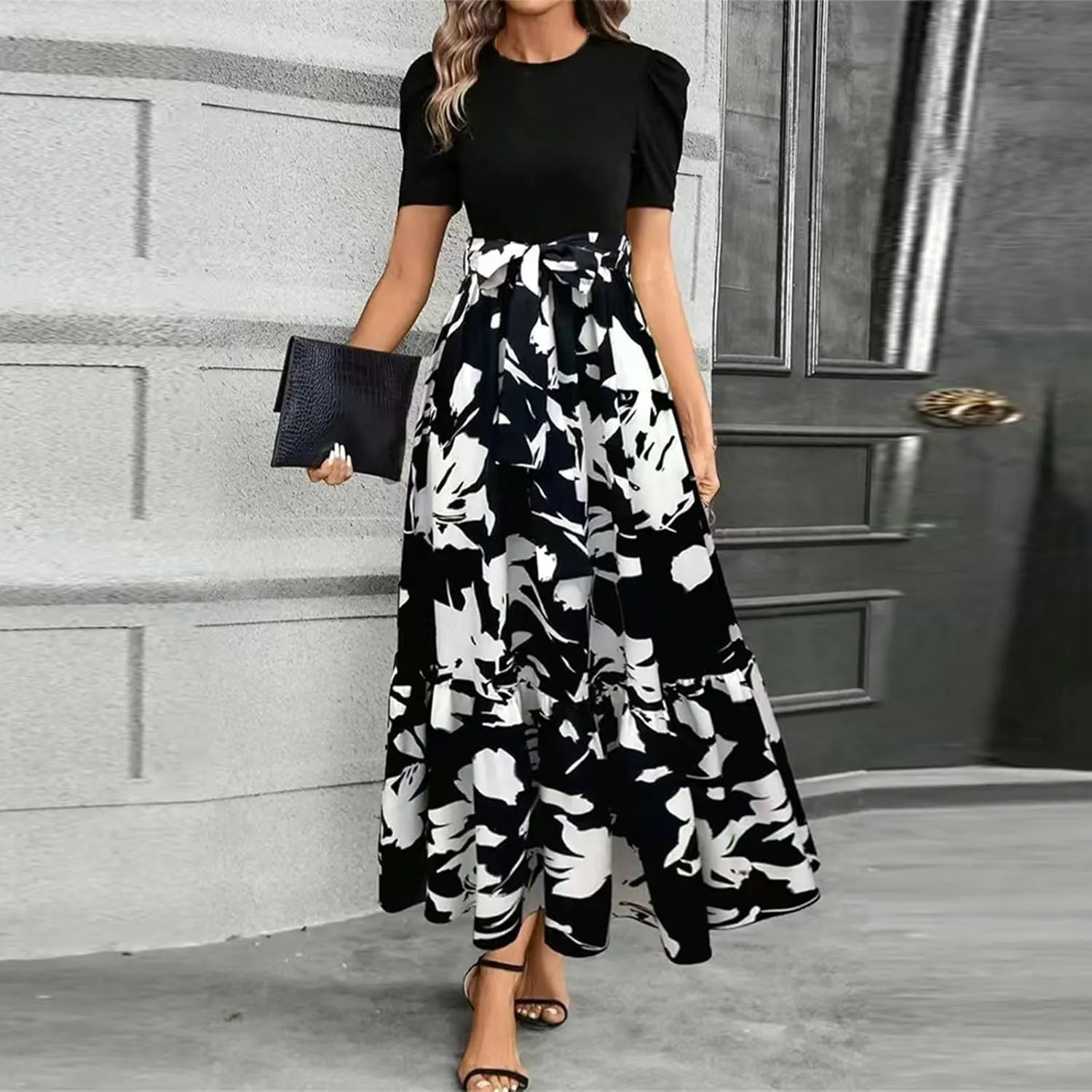 Womens Floral Printed Long Flowy Dresses with Pockets Ruffle Short Sleeve 2025 Dresses Summer Casual Maxi Dress