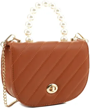 Womens Girls Dressy Pearl Top-Handle Casual Saddle Clutch Satchel Purse Crossbody Bag
