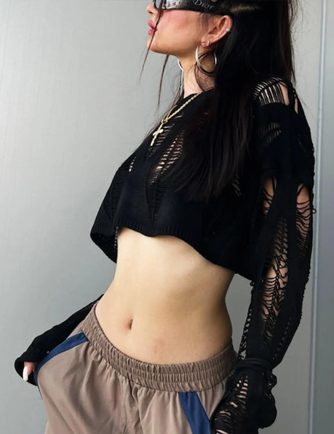 Womens Gothic Short Sweaters Punk Goth Sweater Long Sleeve Knitting Crop Tops US Size S-XL
