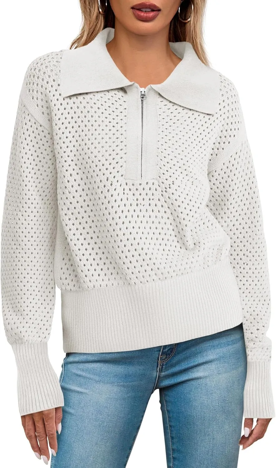 Women's Half Zip Pullover Sweaters Crochet Lapel Collar Long Sleeve Knit Solid Color Jumper Tops