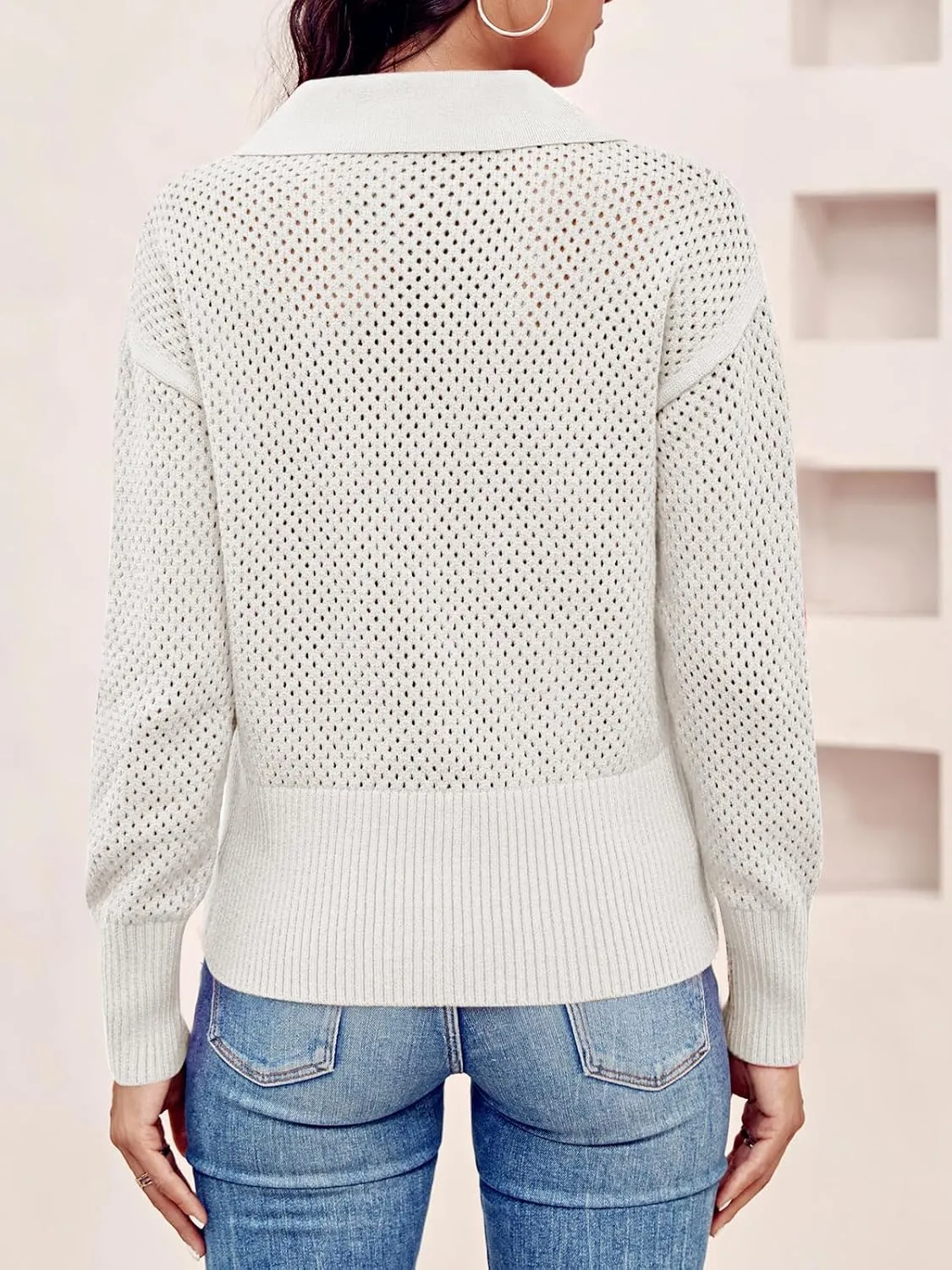 Women's Half Zip Pullover Sweaters Crochet Lapel Collar Long Sleeve Knit Solid Color Jumper Tops
