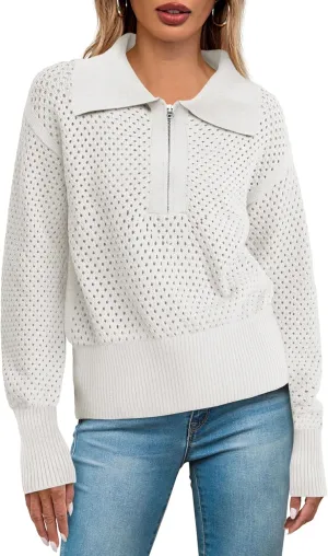 Women's Half Zip Pullover Sweaters Crochet Lapel Collar Long Sleeve Knit Solid Color Jumper Tops