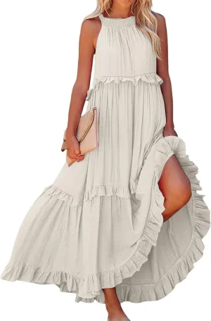 Womens Halter Neck Maxi Dress Sleeveless Sexy Tiered Flowy Long Dress Summer Loose Smocked Ruffle Swing Beach Dresses Satin Bridesmaid A Line with Built in Shapewear