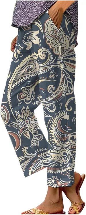 Womens High Waist Palazzo Pants Boho Floral Straight-Fit Lounge Pants Casual Loose Beach Pants with Pockets