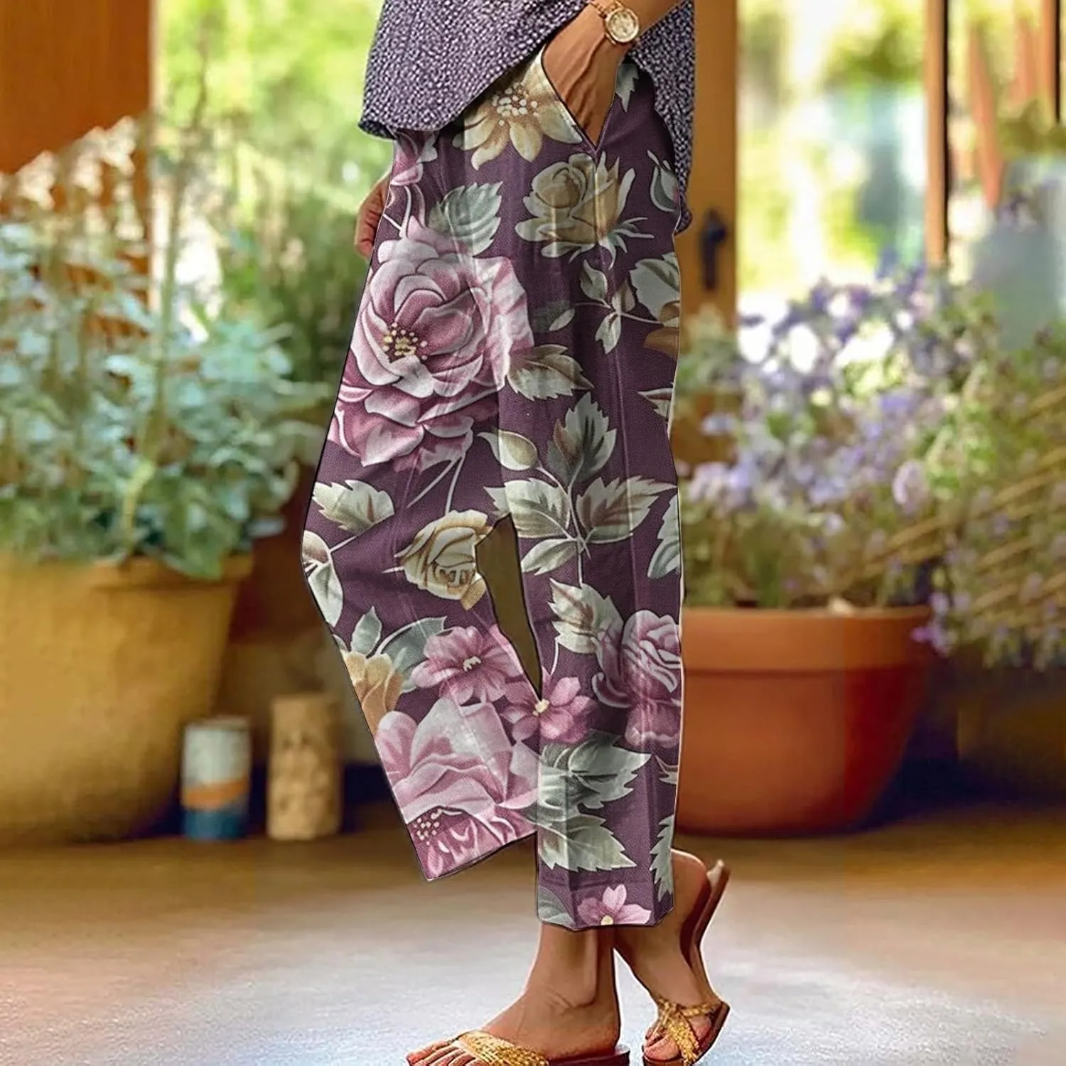 Womens High Waist Palazzo Pants Boho Floral Straight-Fit Lounge Pants Casual Loose Beach Pants with Pockets