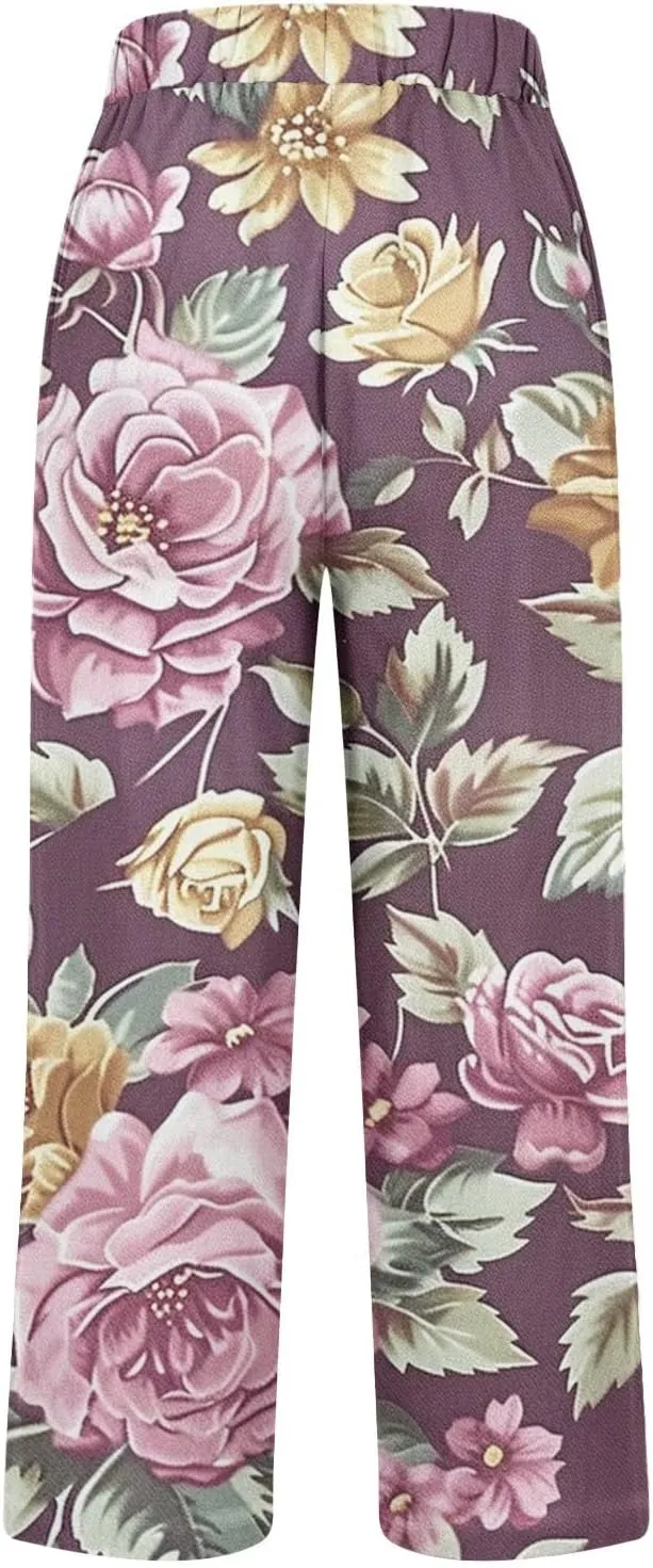 Womens High Waist Palazzo Pants Boho Floral Straight-Fit Lounge Pants Casual Loose Beach Pants with Pockets