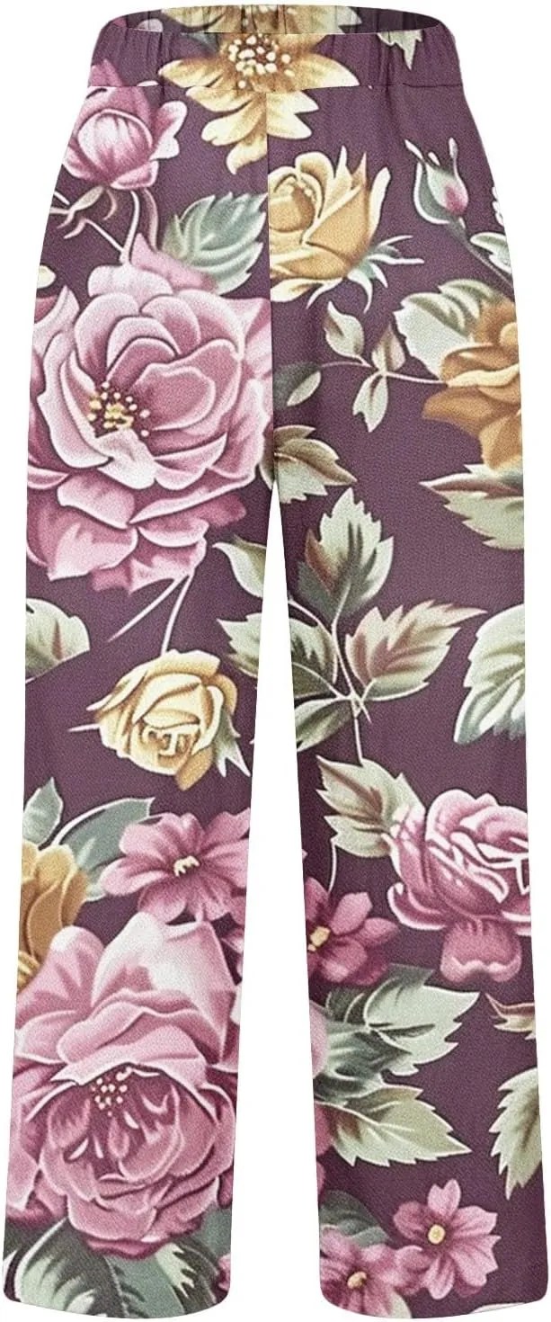 Womens High Waist Palazzo Pants Boho Floral Straight-Fit Lounge Pants Casual Loose Beach Pants with Pockets