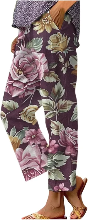 Womens High Waist Palazzo Pants Boho Floral Straight-Fit Lounge Pants Casual Loose Beach Pants with Pockets