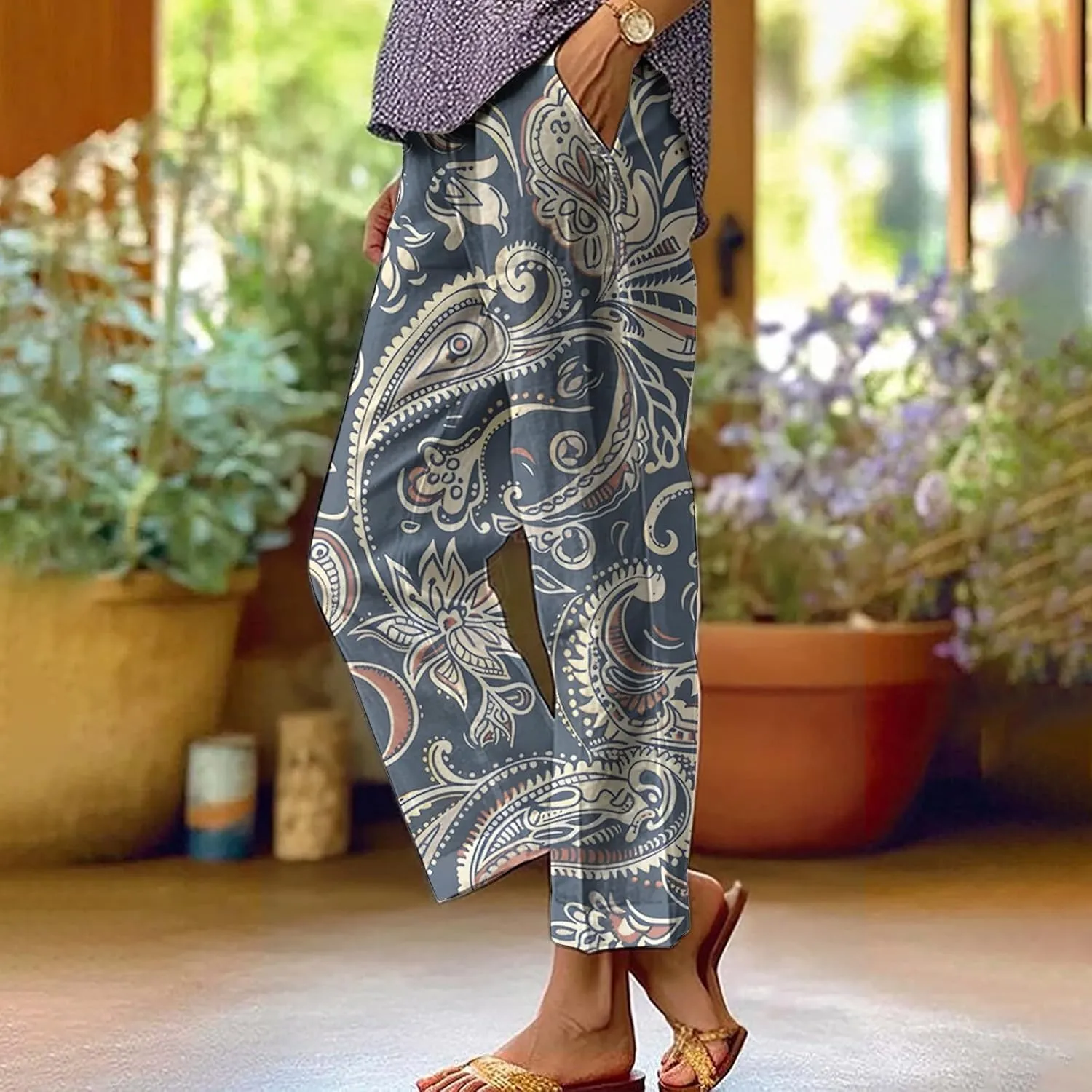 Womens High Waist Palazzo Pants Boho Floral Straight-Fit Lounge Pants Casual Loose Beach Pants with Pockets