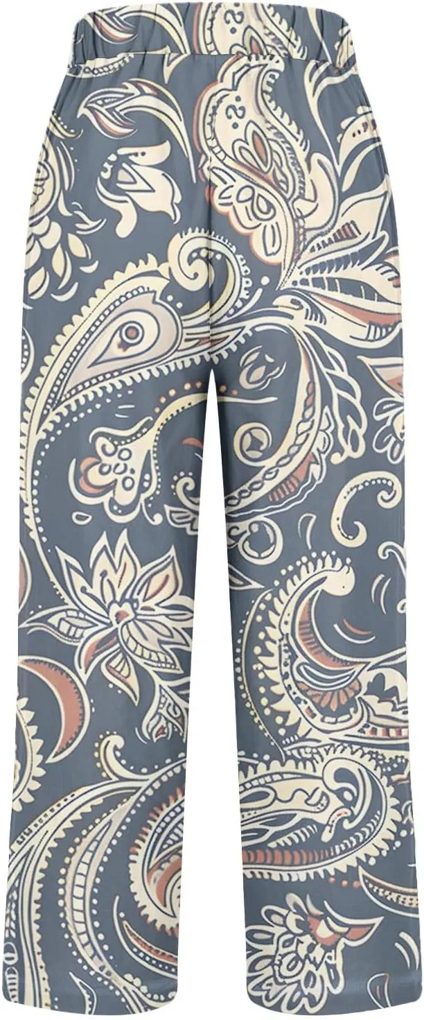 Womens High Waist Palazzo Pants Boho Floral Straight-Fit Lounge Pants Casual Loose Beach Pants with Pockets