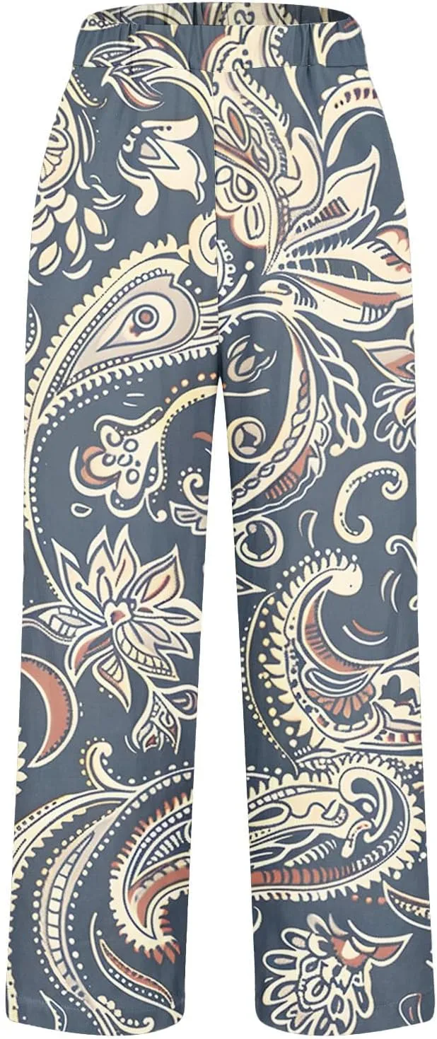 Womens High Waist Palazzo Pants Boho Floral Straight-Fit Lounge Pants Casual Loose Beach Pants with Pockets