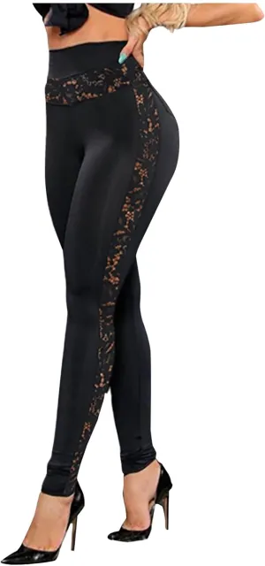Womens High Waisted Leggings Casual Sexy Comfy Side Lace Mesh Sheer Tummy Control Stretchy Fitness Yoga Tights Pants