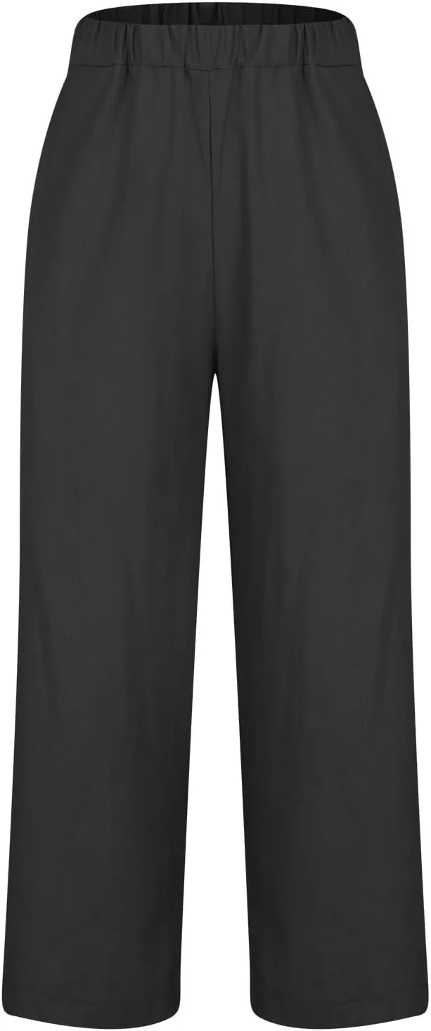 Women's Lightweight Summer Linen Pants Solid Elastic Waist Cotton Straight Pants Casual Lounge Beach Trousers