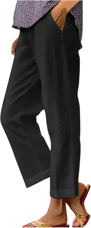 Women's Lightweight Summer Linen Pants Solid Elastic Waist Cotton Straight Pants Casual Lounge Beach Trousers
