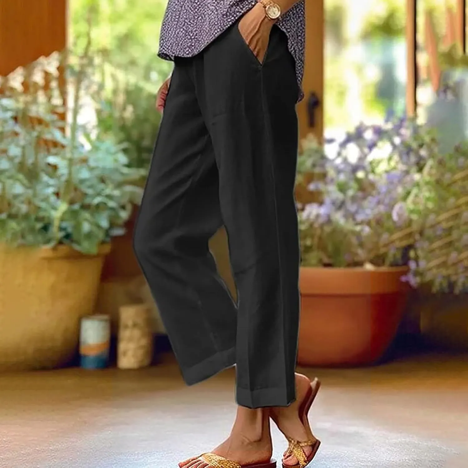 Women's Lightweight Summer Linen Pants Solid Elastic Waist Cotton Straight Pants Casual Lounge Beach Trousers